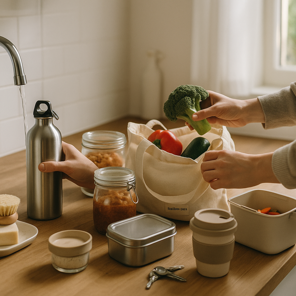 Cuisine lumineuse montrant des gestes simples pour réduire les déchets: mains remplissant une gourde,