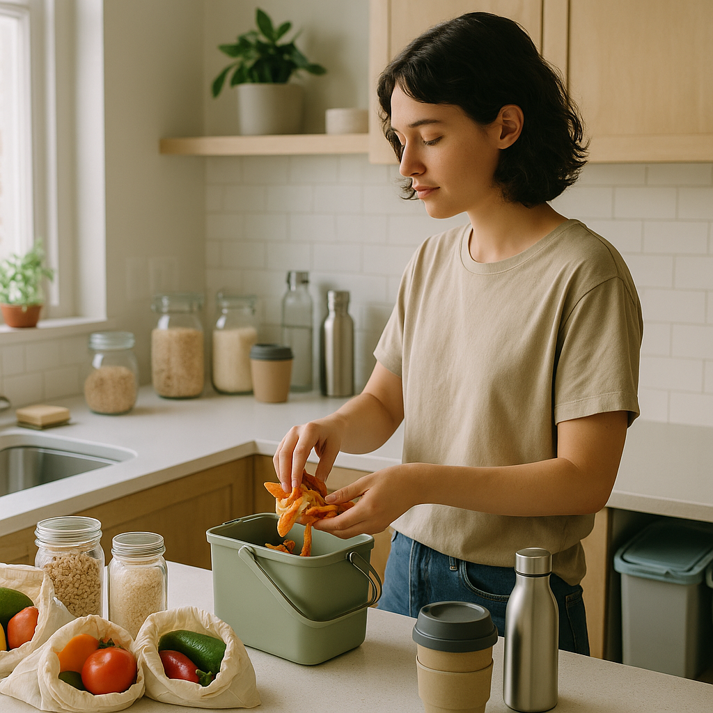 Jeune adulte dans une cuisine lumineuse triant des déchets : épluchures dans un compost