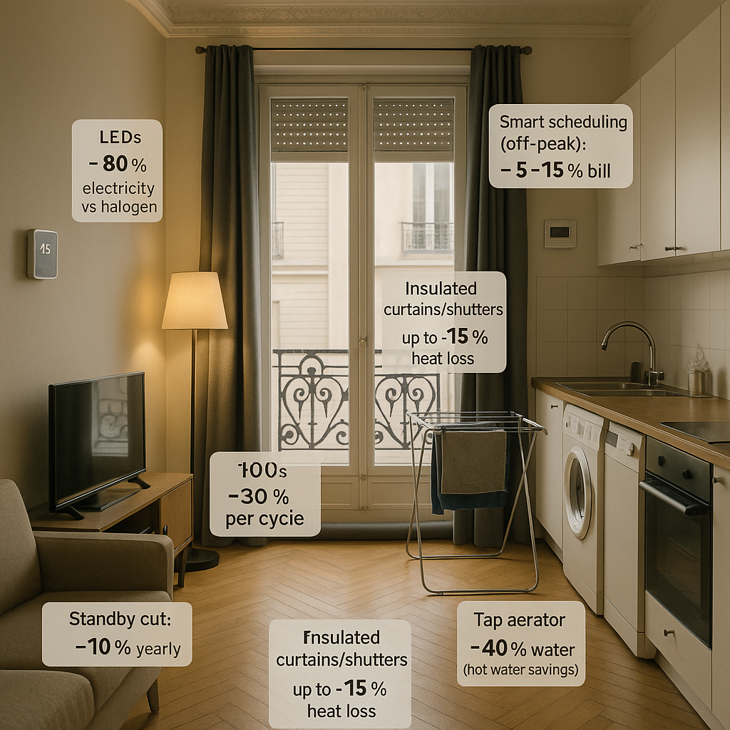 Photorealistic Parisian apartment interior with smart thermostat at 19°C, LED lighting, insulated curtains and