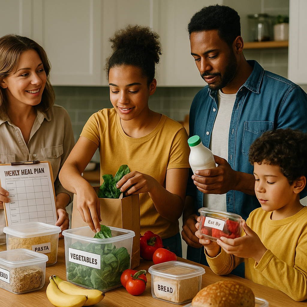 A family collaboratively organizing groceries in their kitchen, showcasing effective strategies to minimize food