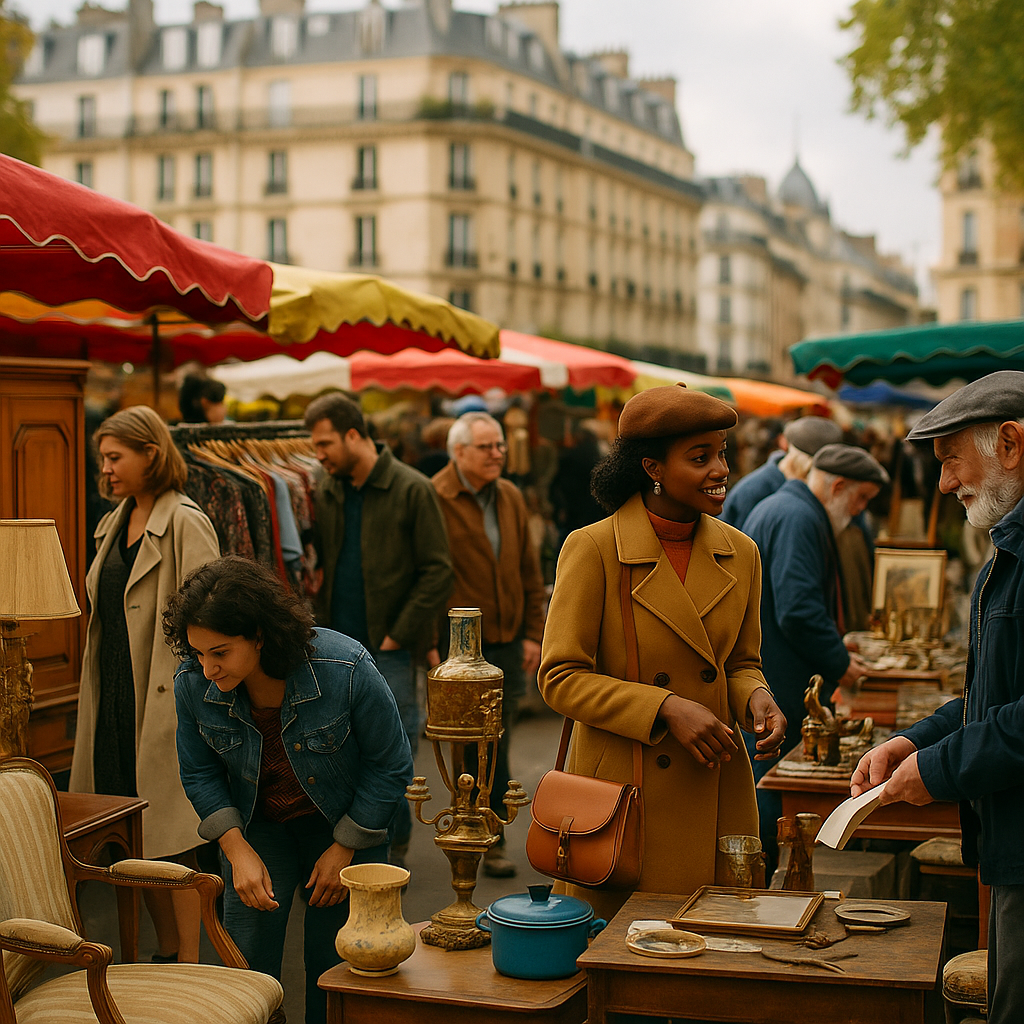 A bustling second-hand market scene in France filled with people exploring various stalls of