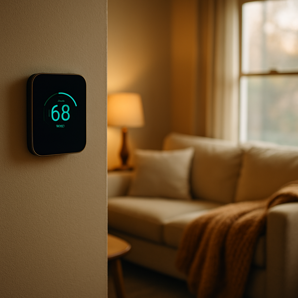 A sleek, minimalist living room featuring an advanced thermostat set to energy-saving mode, exuding