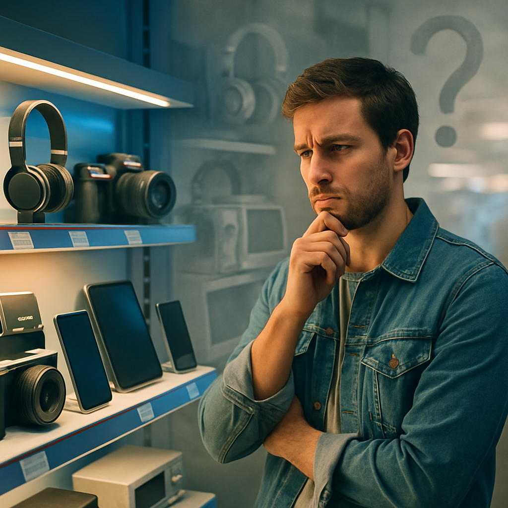 A pensive shopper contemplating new and used gadgets, with a question mark symbol prominent