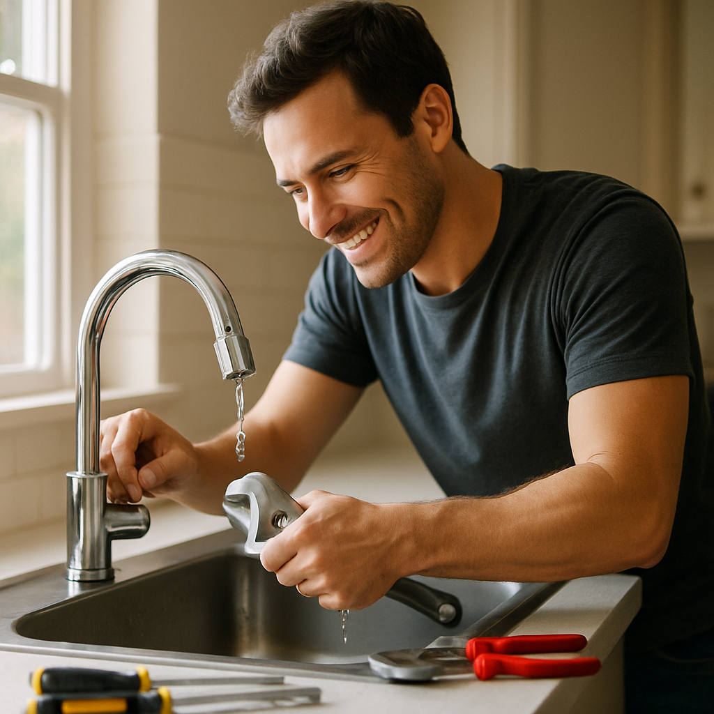 A home repair enthusiast skillfully repairing a faucet with simple tools, emphasizing the concept