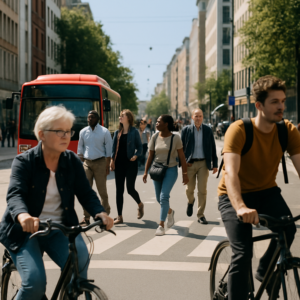 Photograph featuring a harmonious urban environment where public transit, walking, and cycling integrate perfectly.