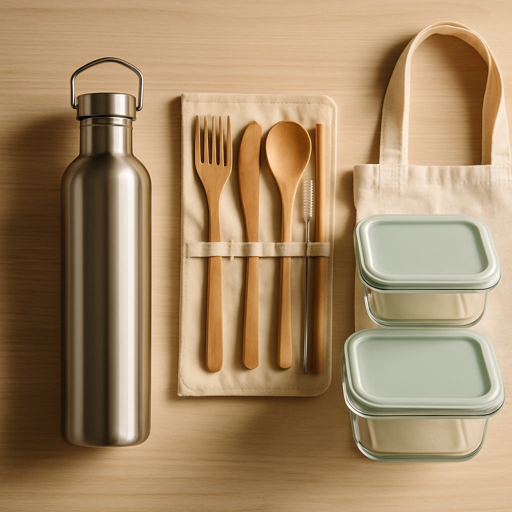 A minimalist layout of eco-friendly, reusable items against a soft wooden background, highlighting resources