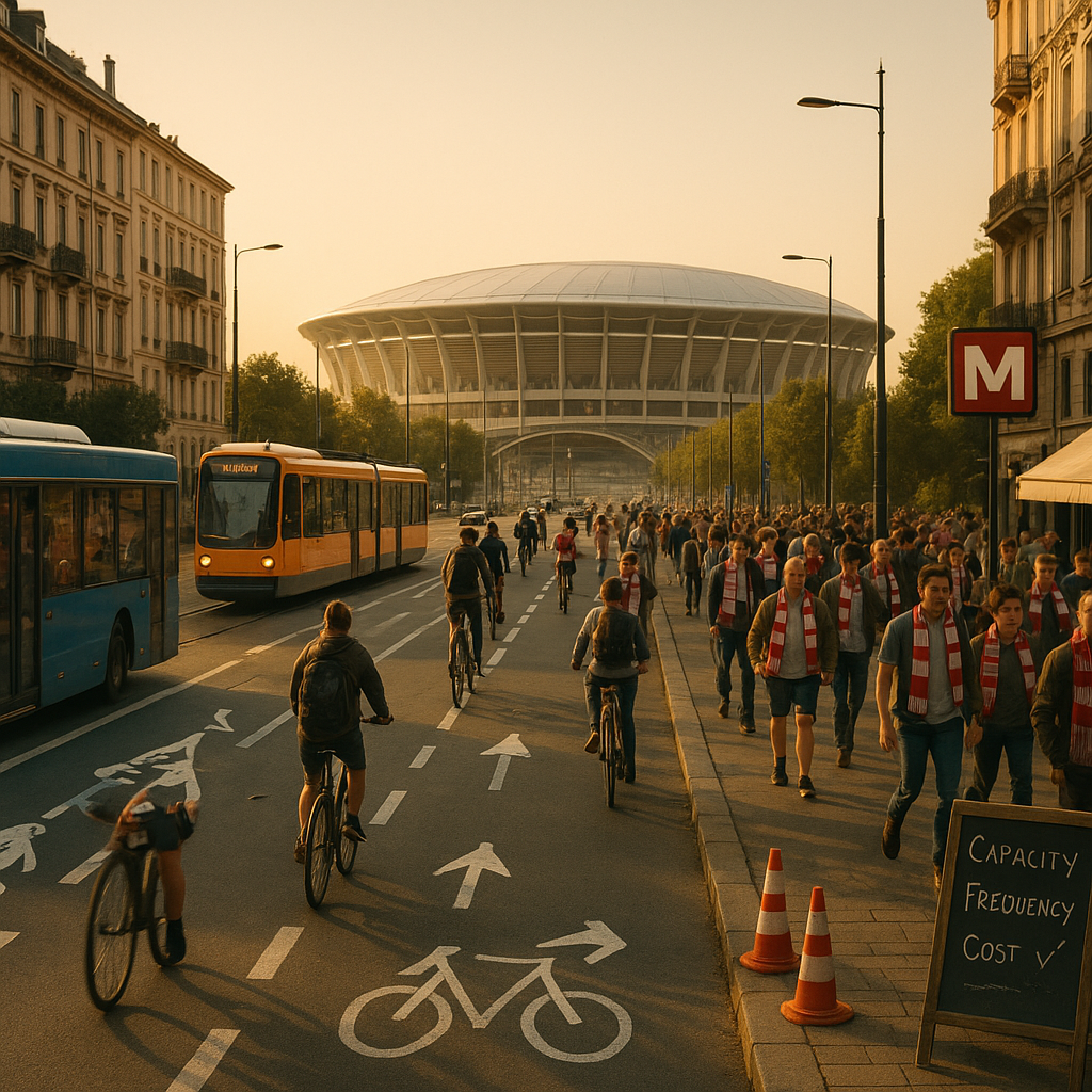 Photoreal city boulevard on match day with bus, tram, metro entrance, cyclists, e-scooter, and