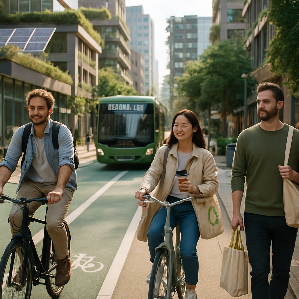 A bustling city scene with a focus on sustainable urban living, highlighting renewable energy