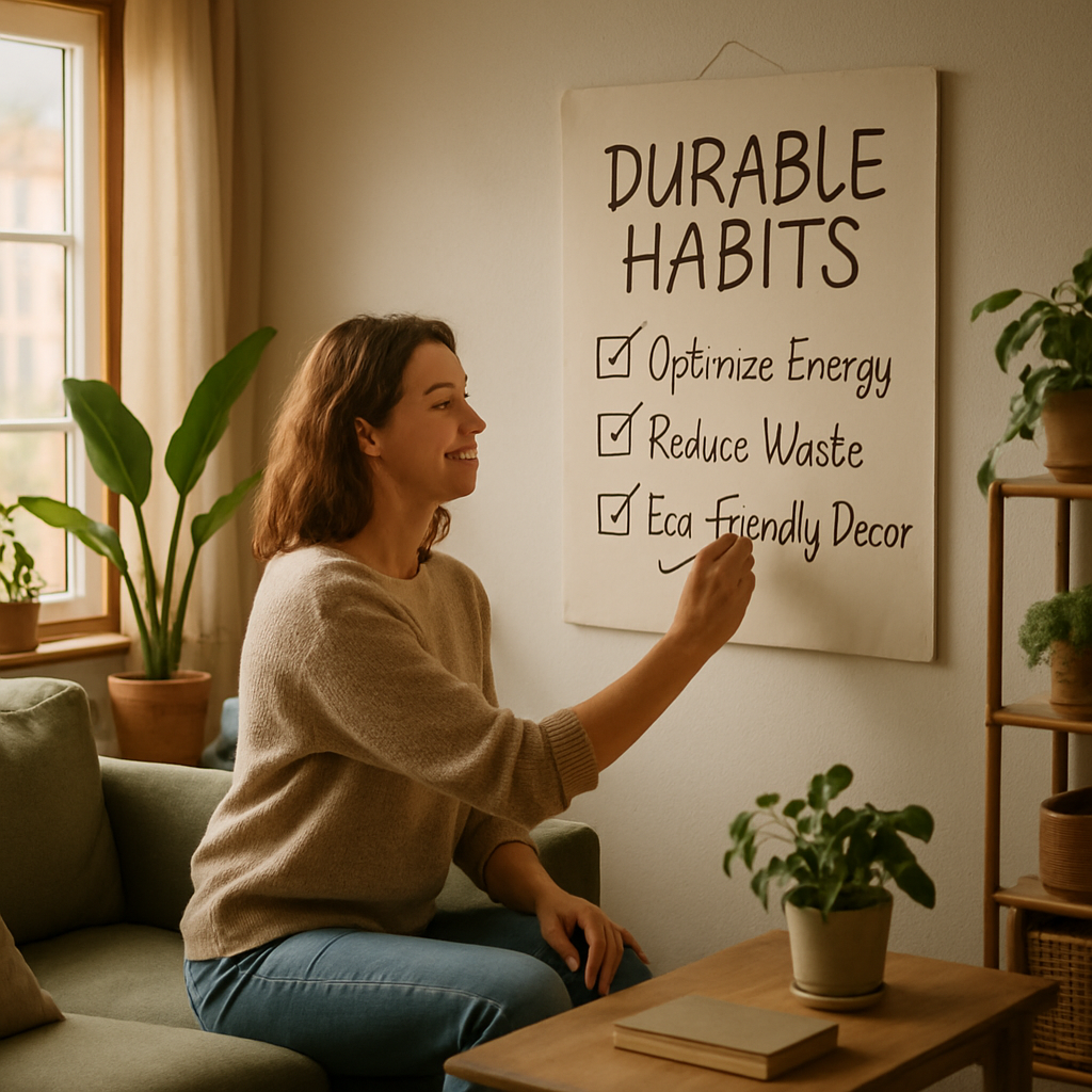 A family in their open-plan kitchen, gathered around a small chalkboard labeled Eco Steps,