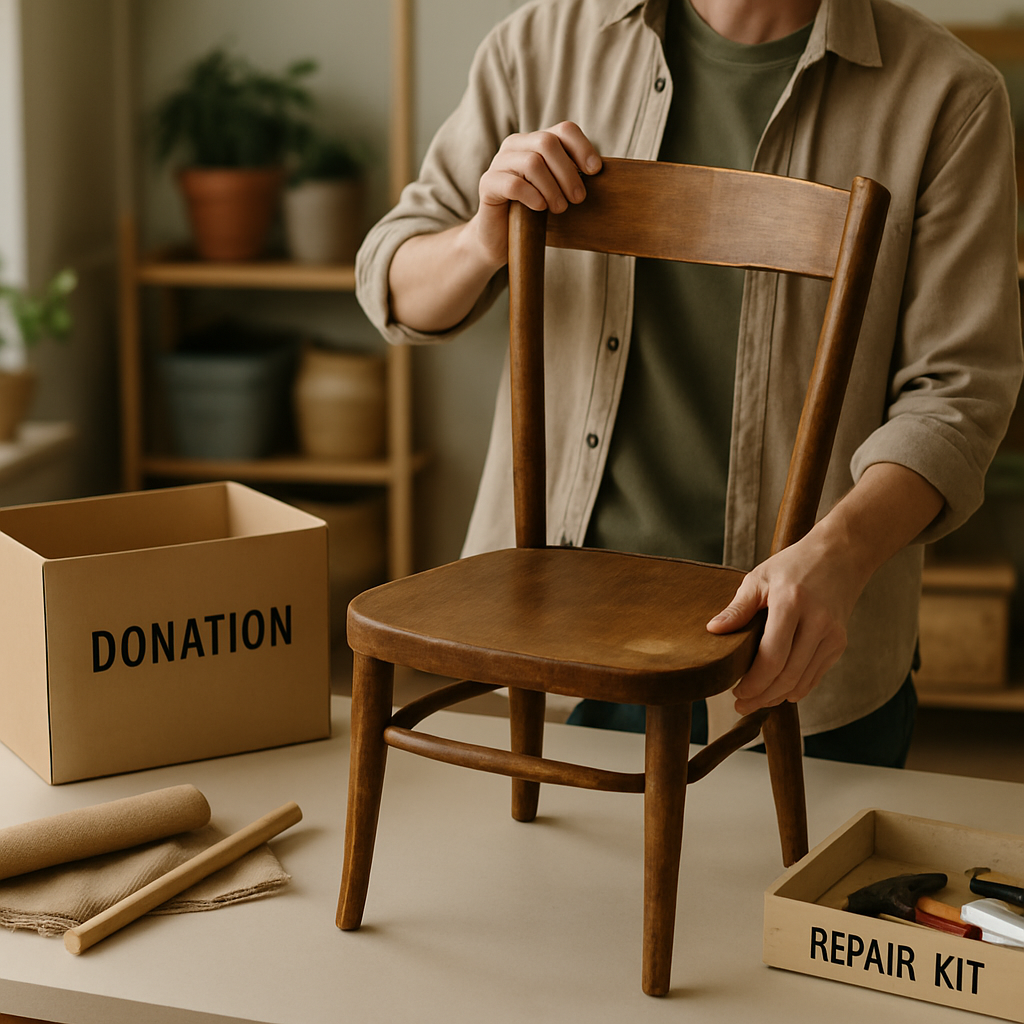 A person considers repairing, donating, or transforming a worn wooden chair.