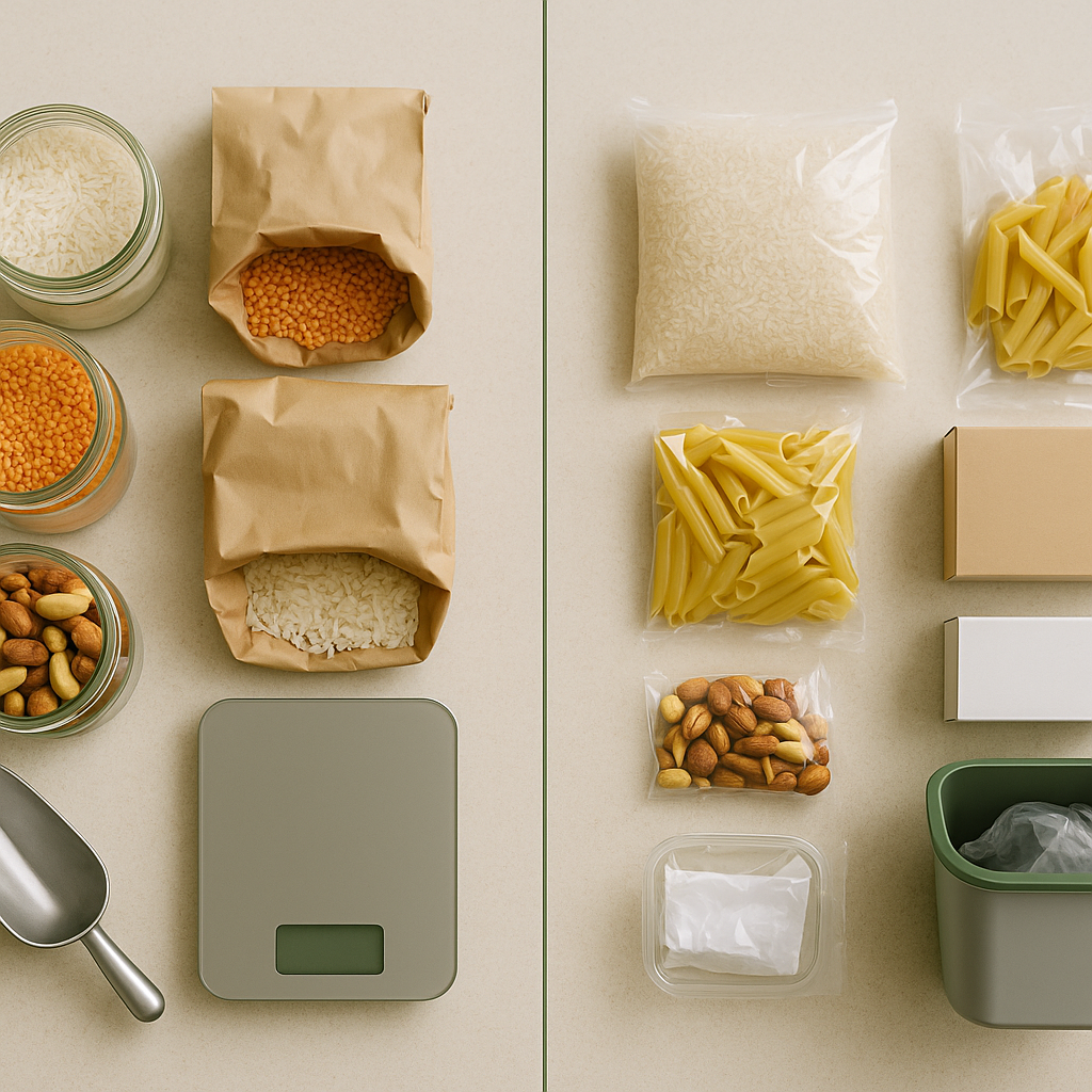 Overhead photo of a split kitchen counter: left side shows bulk staples in glass