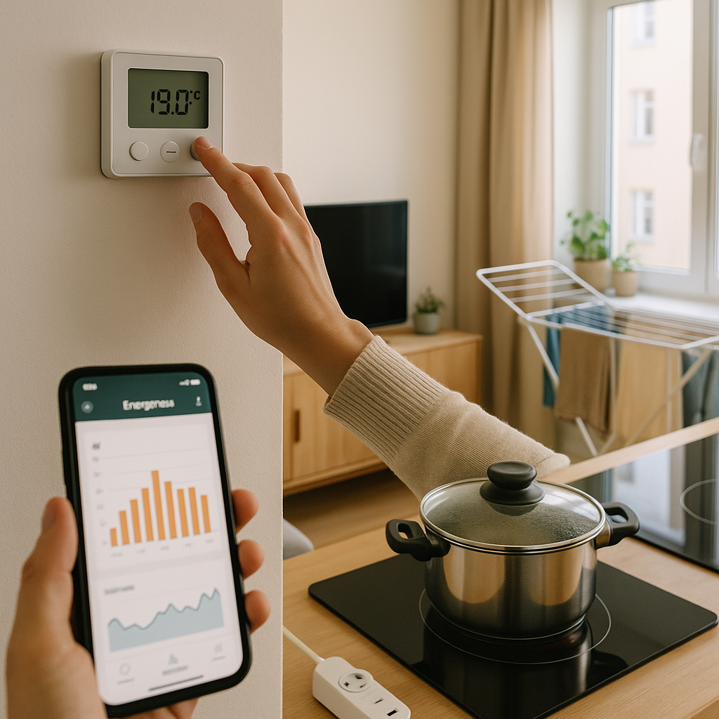 Modern sunlit apartment showing everyday energy-saving: hand turning thermostat to 19°C, phone with energy