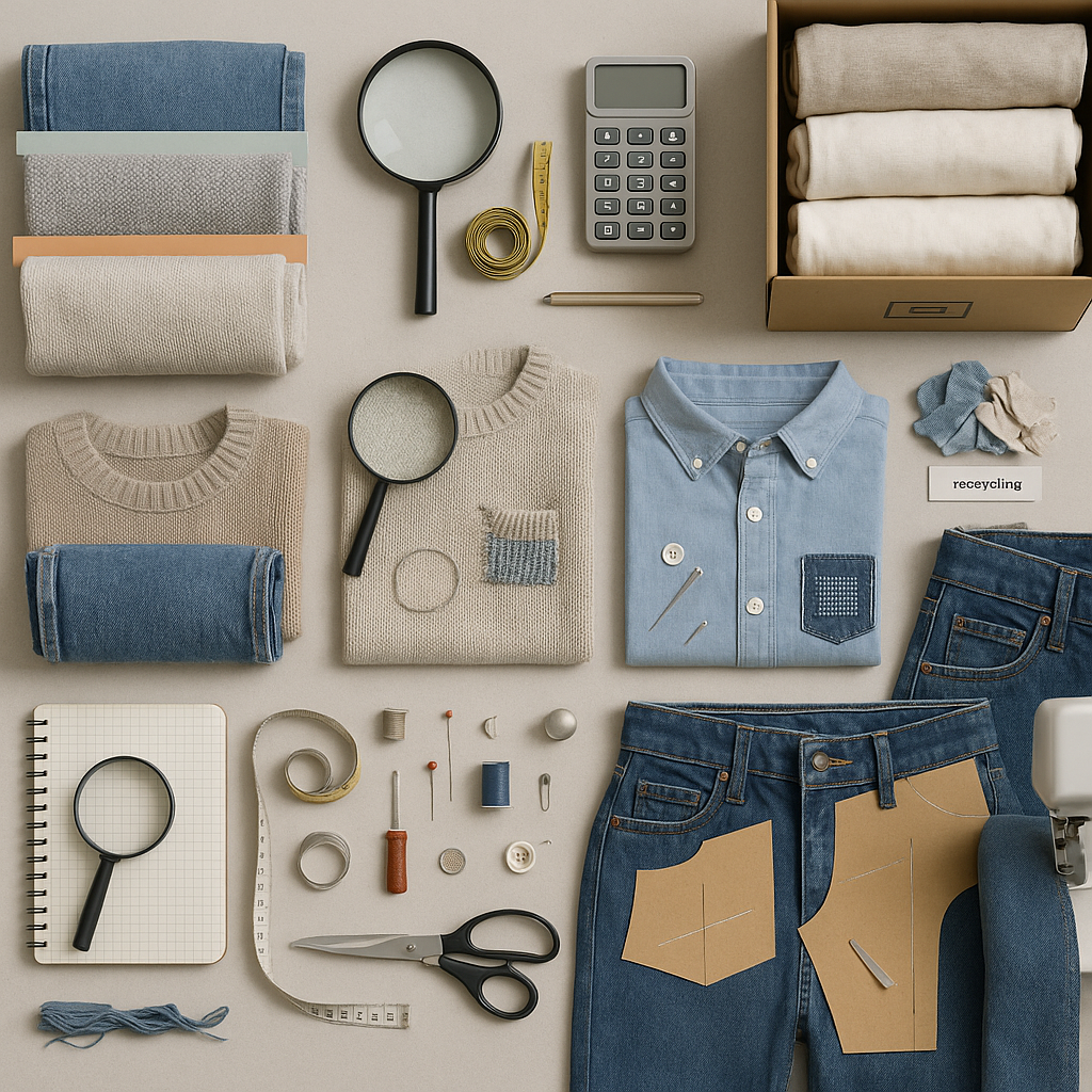 Overhead photo of an organized workspace showing five zones—sort, diagnose, repair, upcycle, redistribute—with garments,