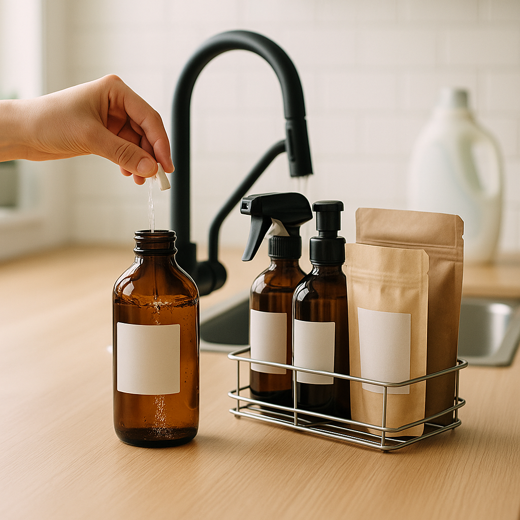 A hand drops a cleaning tablet into a refillable glass spray bottle under a