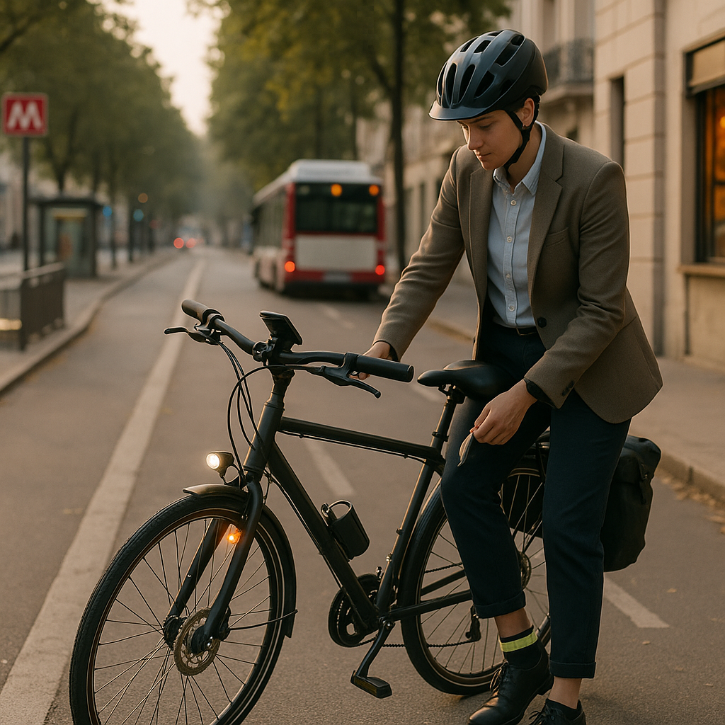 Un cycliste du quotidien, casque attaché, ajuste une sangle réfléchissante près de son vélo