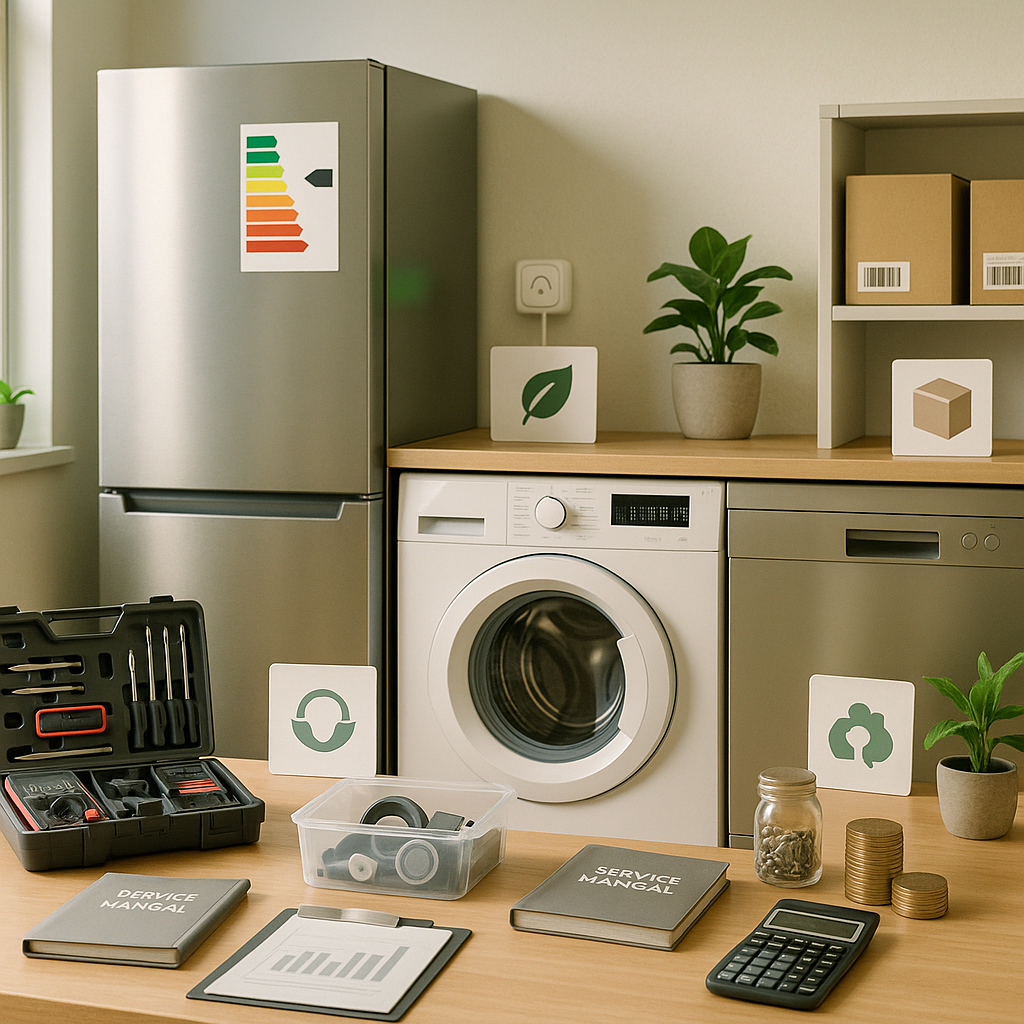 Modern kitchen scene with a refrigerator, washing machine, and dishwasher, surrounded by icon-only props