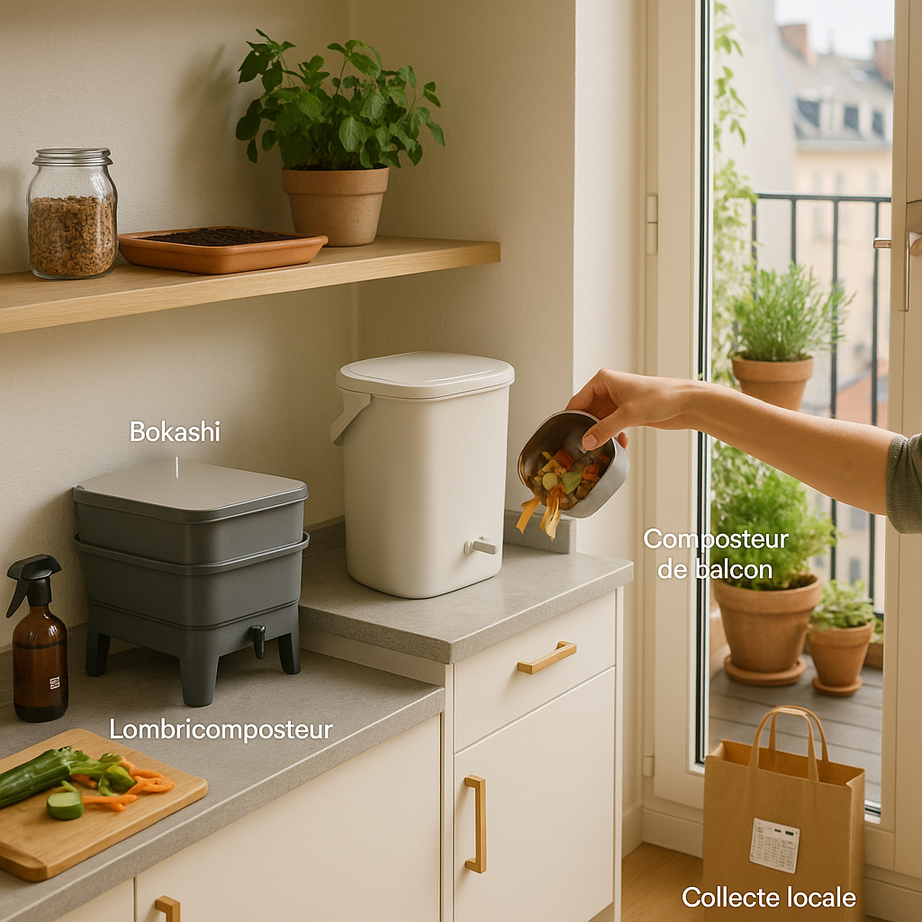 Sunlit small apartment kitchen with a worm bin under a shelf, a bokashi bucket