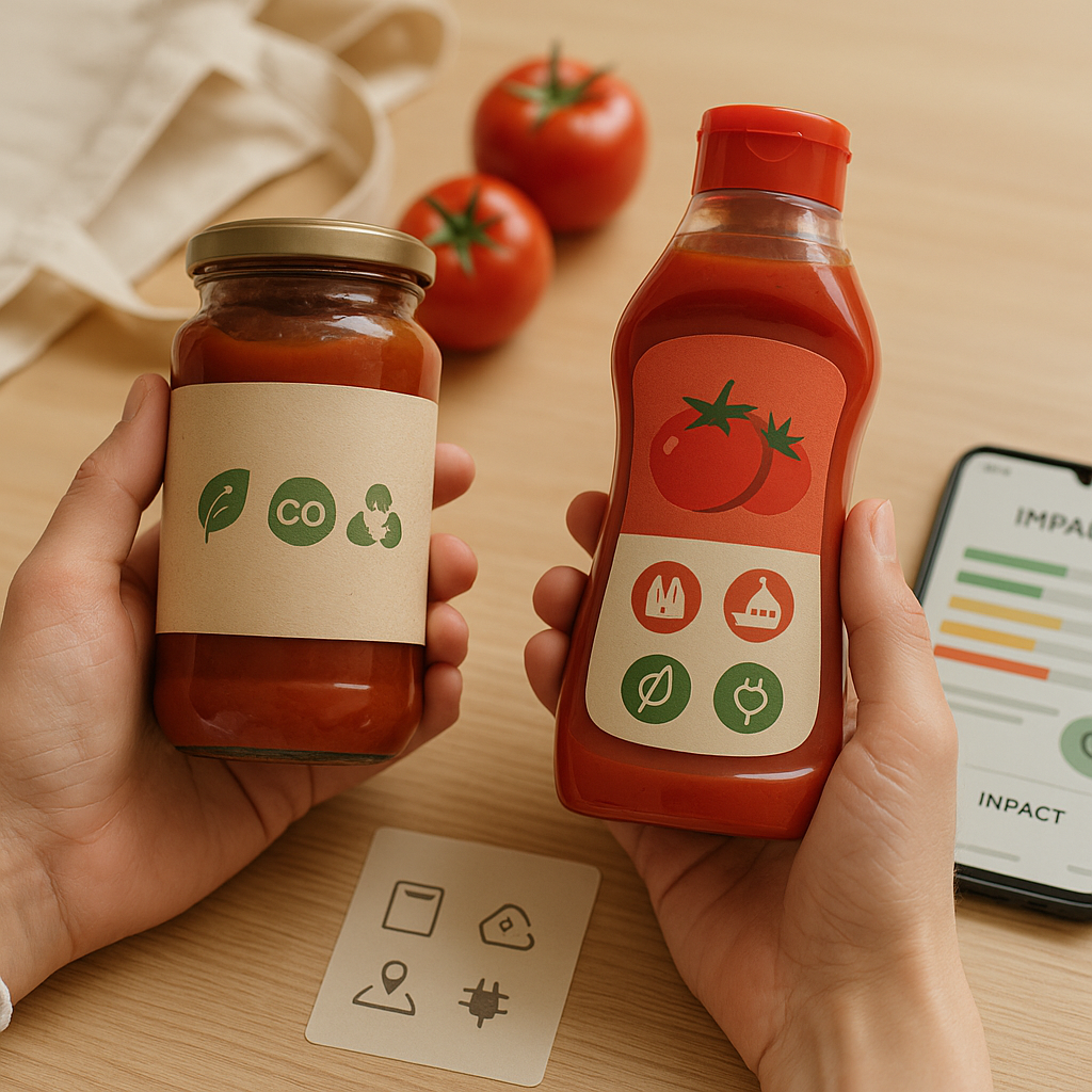 Hands compare a glass-jar tomato sauce and a plastic squeeze-bottle sauce on a light